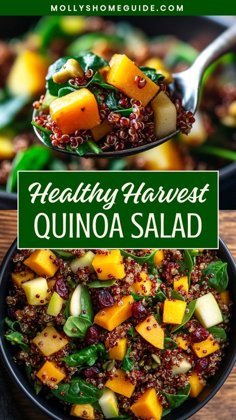 Indulge in a flavorful and nutritious dish with this harvest quinoa salad recipe. Packed with vibrant fall produce, protein-rich quinoa, and a zesty dressing, this salad is perfect for lunch or as a light dinner. Whether you're looking for a healthy meal option or just seeking to add more variety to your table, this harvest quinoa salad is sure to impress your taste buds. Explore the delicious combination of ingredients and embrace the goodness of seasonal flavors in every bite. Quinoa Brussel Sprouts Sweet Potato, Clean Quinoa Recipes, Quinoa Salad Videos, Things To Do With Quinoa, Quoina Salad Recipes, Quinoa And Turkey Recipes, Sprouted Quinoa Recipes, Qinuoa Recipes Salad, Quinoa Butternut Squash Recipes