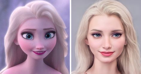 What If Disney Characters Were Real: Artist Uses Artificial Intelligence To Answer This Question (12 Pics) | Bored Panda Realistic Disney Characters, Disney Characters In Real Life, Disney Princes Realistic, If Disney Was Realistic, Elsa Real Life, Disney Expressions, Princess Realistic Art, Disney Princesses, Castle Silhouette