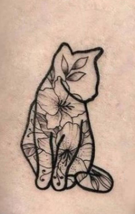 Back Of Arm Cat Tattoo, Cat Outline With Flowers Tattoo, Cat Made Of Flowers Tattoo, Cat Leaf Tattoo, Cat On Stack Of Books Tattoo, Black And Gray Cat Tattoo, Magical Cat Tattoo, Beautiful Cat Tattoo, Tattoo Ideas Female Black And White