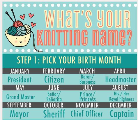 A Bit of Knitting Fun: Your Silly Knitting Name Knitting Puns, Funny Knitting, Chief Officer, Knitting Humor, Funny Names, The Grandmaster, Birth Month, Puns, Are You The One