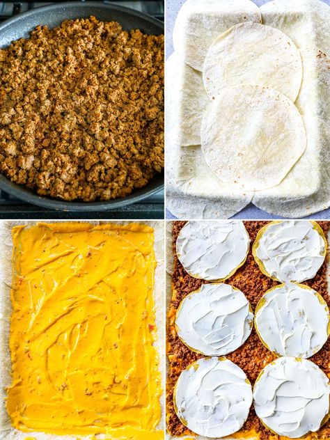 Sheet Pan Crunchwrap Supreme Recipe - Bonappeteach Crunch Wrap Supreme Recipe, Crunchwrap Supreme Recipe, Crunchwrap Recipe, Crunchwrap Supreme, Crunch Wrap, Taco Seasoning Packet, Nacho Cheese Sauce, Recipe Sheets, Pan Recipes