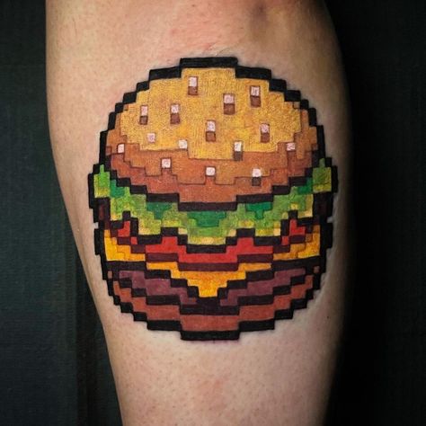 8 Bit Tattoo, Burger Tattoo, Bit Tattoo, Pixel Tattoo, Food Tattoos, 3d Space, Space Invaders, 8 Bit, Maple Leaf Tattoo