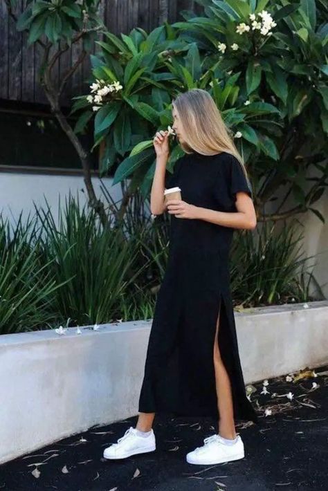 Maxi Dress Outfit 2024: Your Ultimate Guide to Stylish Long-Form Attire Tank Maxi Dress Outfit, Maxi Dress Sneakers, Maxi Dress With Sneakers, Black Maxi Dress Outfit Ideas, Maxi Dress Outfits, Black Maxi Dress Outfit, Maxi Dress Outfit Summer, Dress With Flats, Dress And Sneakers Outfit