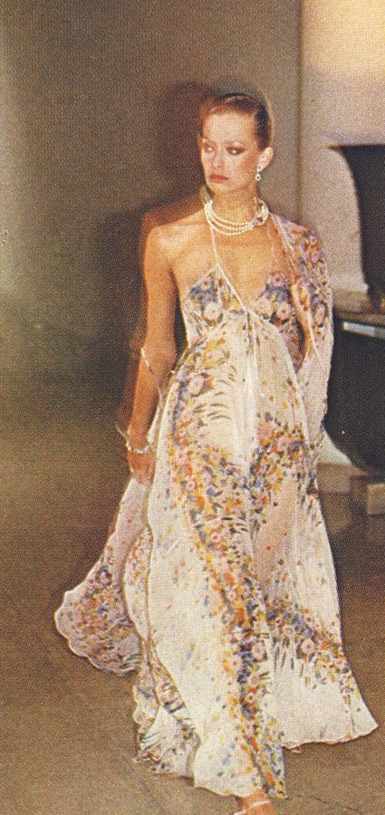 Chiffon dress by Ossie Clark...whispy etherial billowy chiffon all ossie trademarks. 70s Floral Print, 70 Style Wedding, 70s Halter Dress, Ossie Clark Dress, Vintage Chiffon Dress, Ossie Clark 70s, 70s Summer Dress, 70s Gown, 70s Editorial