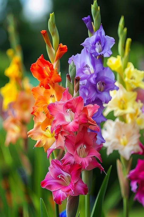 Rainbow Gladiolus is renowned for its tall spikes filled with vibrant, multi-colored blooms. Perfect for adding vertical interest and a dazzling display of colors in any garden.  Light: Full sun. Water: Water regularly to keep soil evenly moist. Soil: Well-draining, fertile soil. Temperature: 60-75°F (15-24°C). Humidity: Moderate. Fertilizer: Balanced fertilizer every two weeks during growing season.Great for cut flower arrangements.  #Gladiolus #RainbowFlowers #Garden #Bloom Gladiolus Flower Colors, Gladiolus Flower Aesthetic, Gladiolas Flower, Gladiolus Flower Arrangements, Gladiolus Tattoo, Rockery Garden, August Flowers, Photos Flowers, Gladiolus Flower