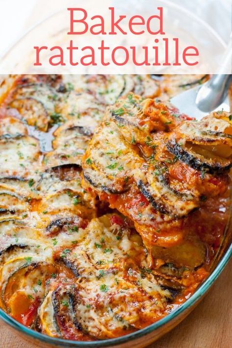 Cheesy Vegetable Casserole, Baked Ratatouille Recipe, Confit Byaldi, Baked Ratatouille, Easy Ratatouille Recipes, Cheesy Vegetable, Vegetarian Main Dish, Colorful Carrots, Paprika Sauce