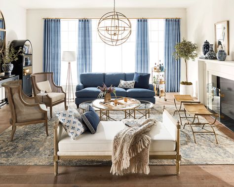 Ballard Designs Living Room, Blue Accents Living Room, Blue And Cream Living Room, Blue Family Rooms, Navy Living Rooms, Blue And White Living Room, Cream Living Rooms, Blue Living Room Decor, Upholstered Chaise