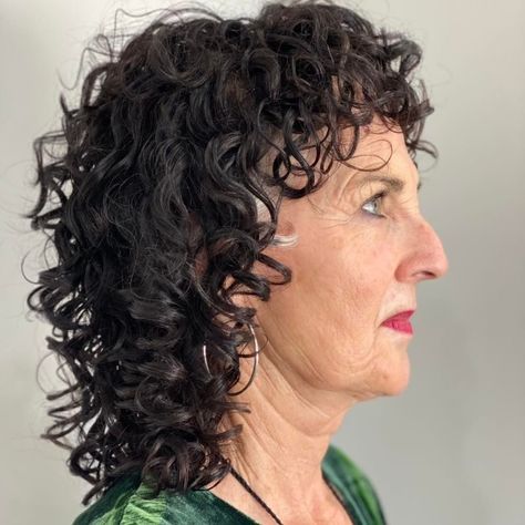 Curly Shag Mullet with Bangs on Older Lady Medium Curly Haircuts, Curly Shag, Curly Shag Haircut, Short Permed Hair, Medium Length Curly Hair, Hairstyles For Women Over 60, Hairstyles And Haircuts, Curly Hair Types, Lob Hairstyle