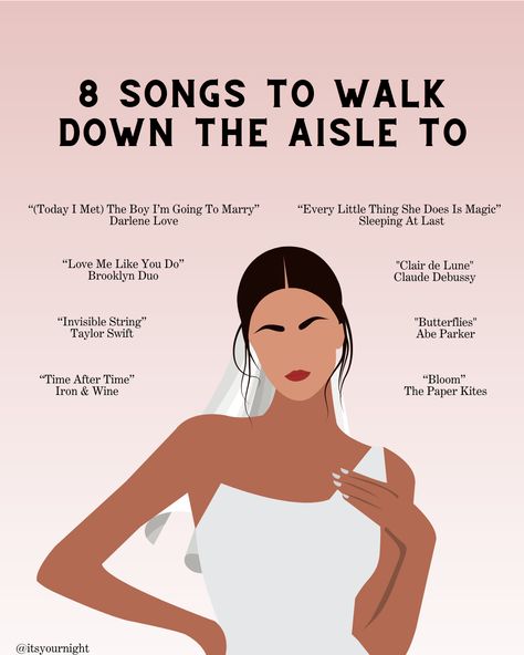 Wedding Aisle Songs The Bride, Wedding Dance Ideas, Songs To Walk Out To After Wedding, Wedding Song, Walk Down The Aisle Songs The Bride, Wedding Songs To Walk Down Aisle, Song For Wedding Party To Walk Down Isle, Unique Songs To Walk Down The Aisle To, Bride Songs Entrance Walks