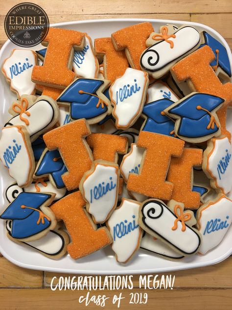 Graduation custom designed.  University of Illinois Decorated Sugar Cookies Virtual Team Building, Trunk Party, Backyard Graduation Party, Illinois State University, Graduation Cookies, 2020 Vision, Cutout Sugar Cookies, Decorated Sugar Cookies, University Of Illinois