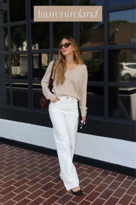 do you love all things neutral all year round? this cream sweater paired with straight white jeans is one of my current favorites. easy to pair together and throw on but the outcome is so chic and classic! find these pieces here today! Classy Sweatshirt, Straight White Jeans, Lauren Ireland, Chic Scarves, Sweatshirt Outfit, Cream Sweater, Fall Style, Work Fashion, Winter Style