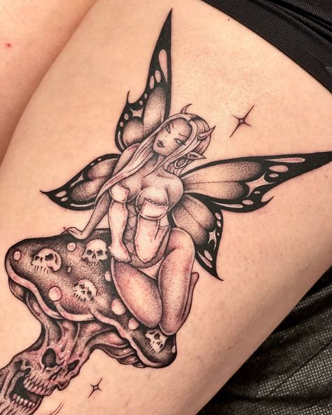 Mushroom fairy 💕😈🍄☠️ #fairytattoo #miss_preciouss Trad Fairy Tattoo, Fairy Sitting On Mushroom Tattoo, Creepy Fairy Tattoo, Goth Fairy Tattoo, Dark Fairy Tattoo Designs, Evil Fairy Tattoo, Fairy Garden Tattoo Sleeve, Naked Fairy Tattoo, Large Chest Tattoo