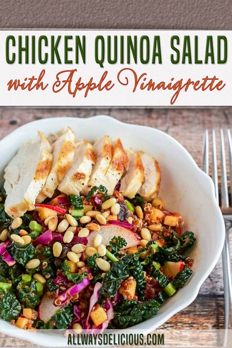 This easy chicken quinoa salad recipe starts with chicken breast fillets marinated in apple cider vinegar and then grilled. While the chicken cooks, I prep the salad, tossing the cooked quinoa with the vegetables and vinaigrette! Get the recipe and make your own Chicken Quinoa Salad with Apple Vinaigrette today!| All Ways Delicious @allwaysdelicious #quinoasaladrecipes #applevinaigrette #summerrecipes #summersaladrecipes #chickenrecipes #quinoarecipes #chickensaladrecipes #allwaysdelicious Chicken Apple Salad, Recipes With Quinoa, Salad With Raisins, Apple Vinaigrette, Recipe With Apple, Side Dishes Rice, Party Food Dinner, Quinoa Lentil, Lettuce Salads