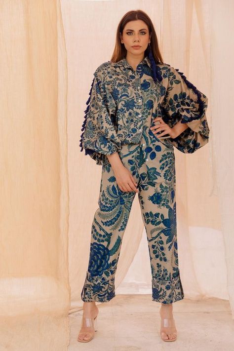 Winter Outfits Elegant, Co Ords Outfits Indian, Wide Leg Pants Winter, High Neck Jumpsuit, Linen Style Fashion, Co Ords Outfits, Floral Print Jumpsuit, Trendy Dress Outfits, Boutique Dress Designs