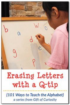 Erasing letters with a Q-tip is a simple-to-set-up activity that works on letter recognition, the proper strokes for writing letters, and fine motor skills needed for writing. I love how this activity can be adapted to help kids with any letters of the alphabet they need assistance with. || Gift of Curiosity Teach The Alphabet, Preschool Fine Motor, Writing Letters, Preschool Writing, Preschool Literacy, Motor Skills Activities, Teaching The Alphabet, Preschool Letters, Letter Activities