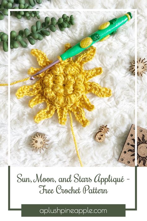 Crochet Sun Pattern Free, Sun And Moon Crochet Pattern, Moon Crochet Pattern Free, Sun Moon Crochet, Crochet Sun Moon Stars, Crochet Celestial, Crochet Moon Applique Free Pattern, Sun Crochet Pattern Free, Crochet Moon Applique