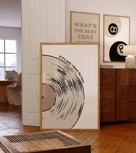 Elevate your space with this unique retro print featuring a vinyl record. Blending funky charm with modern flair, this piece adds a touch of musical nostalgia to any room. Whether you're a vinyl enthusiast or simply appreciate catchy rhythms, this piece is sure to strike a chord with your decor! Printable wall art is an easy, affordable way to quickly showcase your unique decor style and transform your space. How it works: 🛒 Buy  ⬇️Download 🖨️Print  🖼️Hang After purchase, your download link w Turntable Decor, Vinyl Record Poster, Audio Aesthetic, Record Poster, Vintage Turntable, Retro Apartment, Cricut Art, Funky Music, Music Wall Art