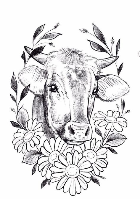 Farm Tattoo, Cow Sketch, Cow Tattoo, Cow Drawing, Vegan Tattoo, Western Tattoos, Cow Painting, Wood Burning Art, Cow Art