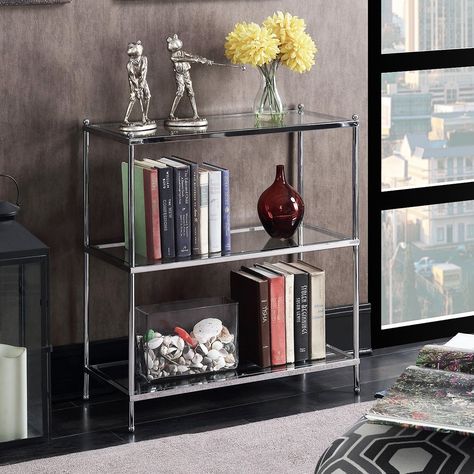 Convenience Concepts Royal Crest 3 Tier Bookcase Silver Shelf, Glass Bookshelves, Royal Crest, Furniture Bookshelves, Etagere Bookcase, Modern Shelving, Chrome Frame, Furniture Outlet Stores, Home Office Furniture