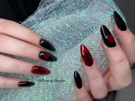 Almond Black And Red Nails, Spiderweb Nails Almond, Monster High Nails Designs, Little Heart Nails, Black And Red Almond Nails, Black Spiderweb Nails, Heart Nails Aesthetic, Monster High Nails, Rocker Nails