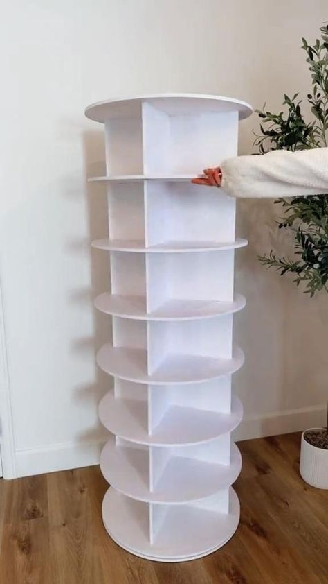 Make your shoes neat and organized with this rotating shoe rack tower lazy susan; The space saving design can hold up many shoes or bags in a compact space; SIZE: 23.2"W x 23.2"D x 63"H Keep your home clean and keep track of your shoes better with this spinning shoe rack tower; Makes every shoe visible and save so much of your room closet storage space Rack Closet Organization, Spinning Shoe Rack, Shoe Rack For Small Spaces, Rotating Shoe Rack, Stylish Room Decor, Shoes Closet, Spin Shoes, Bag Rack, Shoe Rack Closet