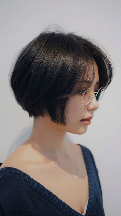 Chic Frames, Chic Styles: 21 Flattering Hairstyles for Round-Faced Women with Glasses Women Haircut Round Face, Short Hairstyle Women Asian Round Face, Short Bob Hairstyles Round Face, Short Haircuts With Glasses, Short Ear Length Hair, Short Hair Styles Bangs, Short Feminine Haircut Round Face, Bob For Short Hair, Short Bob With Bangs Round Face