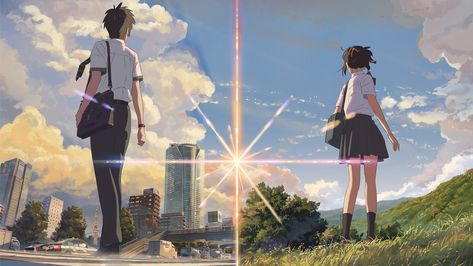 Anime - Your Name.  Taki Tachibana Mitsuha Miyamizu Wallpaper Mitsuha And Taki, Kimi No Na Wa Wallpaper, Your Name Wallpaper, Your Name Anime, Japanese Animated Movies, Anime Videos, Film Anime, Anime Songs, Name Wallpaper