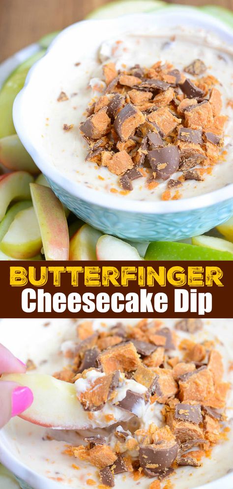 Butterfinger Dip Recipe - serve this easy dessert recipe with apple slices or graham crackers Butterfinger Treats, Butterfinger Dip, Quick And Easy Cheesecake, Dunking Booth, Dip Dessert, Butterfinger Cheesecake, Make A Notebook, Sweet Dip, Fruit Dips