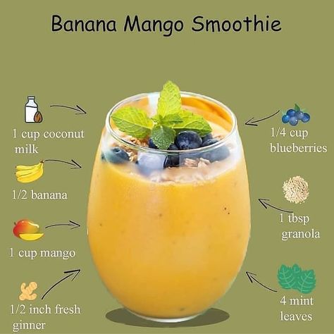 Granola Ingredients, Mango Banana Smoothie, Easy Healthy Smoothies, Recipes Healthy Breakfast, Smoothie Recipes Healthy Breakfast, Smoothie Detox, Healthy Drinks Smoothies, Smoothie Diet Plans, Mango Smoothie