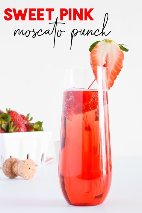 This pink moscato punch combines moscato and vodka, to create a refreshing sweet and bubbly cocktail. It's the perfect pink drink for your Galentine's or Valentine's Day celebration, or for sipping by the pool in warmer months! Moscato Punch Recipes, Moscato Drinks, Moscato Punch, Pink Moscato, Valentine's Day Celebration, Plastic Champagne Flutes, Delicious Drink Recipes, Pink Drink, Mocktail Recipe