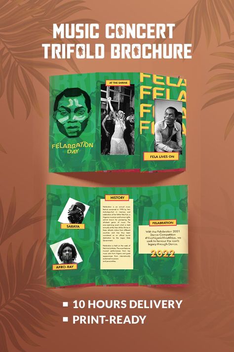 A trifold brochure for a music festival - felabration 2022 Music Brochure, Professional Flyer Design, Event Brochure, History Background, Trifold Brochure Design, Concert Flyer, Party Tickets, Custom Flyers, Festival Flyer