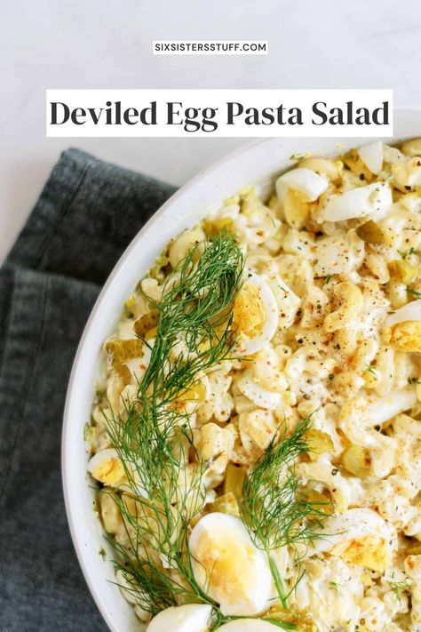 Deviled Egg Pasta Salad Deviled Egg Pasta Salad Recipe, Family Sleepover, Southwest Chicken Pasta, Deviled Egg Pasta Salad, Egg Pasta Salad, Picnic Salads, Deviled Egg Salad, Greek Pasta Salad Recipe, Creamy Pasta Salads