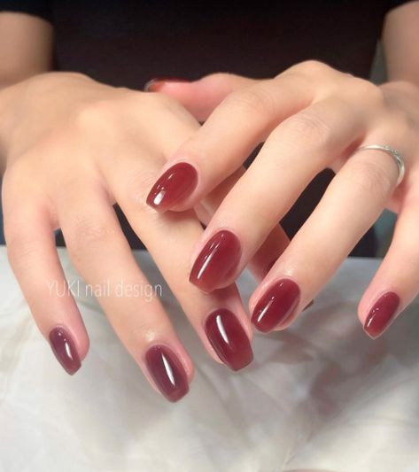 Fall Nails Brick Red, Aesthetic Nails For Fall, Fig Nail Polish, Jelly Nails Fall Colors, Dark Nails Fair Skin, Glossy Fall Nails, Nuteral Nails Fall, Gel Nails Ideas Plain Color, Berry Jelly Nails