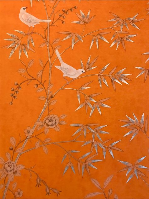 Chinese hand painted scenic: vibrant orange ground with white birds on blossoming branches | de Gournay. Front Foyer Ideas, Oval Painting, Ceramic Business, Front Foyer, Elephant Wallpaper, Art Loft, Pastel Bedroom, Chinese Wallpaper, Exterior Interior Design