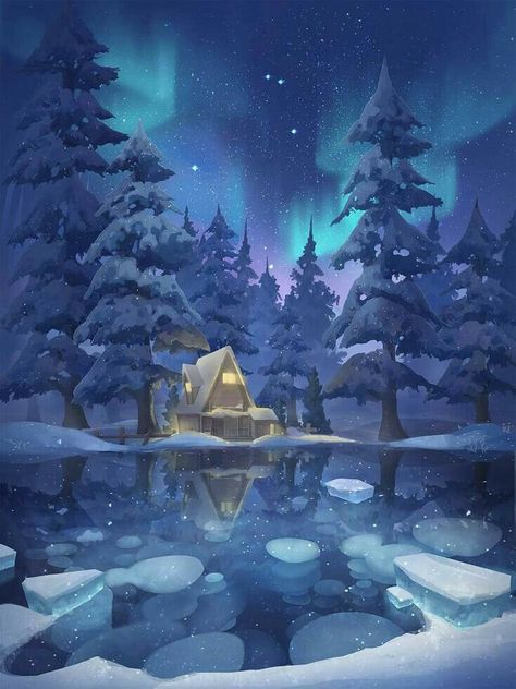 Snowy Cabin Drawing, Snow Landscape Illustration, Winter Aesthetic Anime, Winter Anime Aesthetic, Christmas Scenery Drawing, Anime Winter Wallpaper, Winter Anime Wallpaper, Winter Fantasy Art, Winter Landscape Illustration