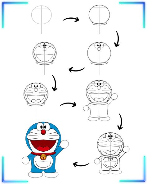 Cute Doraemon drawing How To Draw Doraemon Step By Step, Dorimon Drawing Pencil, How To Draw Doraemon, Cute Doraemon Drawing, Doremon Drawing Cute, Doraemon Drawing Easy, Doraemon Sketch, Easy Cartoon Drawings Step By Step, Cute Wall Painting Ideas