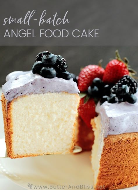 Delicate Mini Angel Food Cake - Butter and Bliss Angel Food Cake For Two, Mini Angel Food Cake Recipes, Small Batch Angel Food Cake, Small Batch Cakes, Small Angel Food Cake Recipe, Mini Angel Food Cake, Small Batch Cake, Angel Food Cake With Blueberries, Small Angel Food Cake