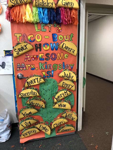 Teacher Appreciation Door Mexico Theme Classroom Door, Taco Door Decorations, 3d Classroom Door Ideas, Door Decorations Teacher Appreciation, School Pride Door Decorations, Fiesta Theme Teacher Appreciation Week, Teacher Appreciation Sign Ideas, Principal Appreciation Door Decoration, Fiesta Door Decorations Classroom