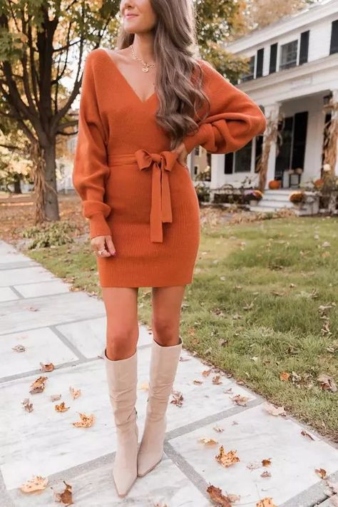 Ribbed Dress Outfit, 2022 Sweaters, Dress With Booties, Outfit Ideas Amazon, Orange Sweater Dress, Amazon Fall Fashion, Caitlin Covington, Burnt Orange Sweater, Wrap Sweater Dress