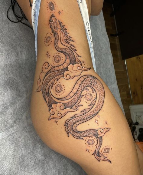 Dragon Tattoo Hip, Side Thigh Tattoos Women, Dragon Thigh Tattoo, Upper Thigh Tattoos, Side Thigh Tattoos, Dragons Tattoo, Hip Thigh Tattoos, Dragon Tattoo For Women, Hip Tattoos Women