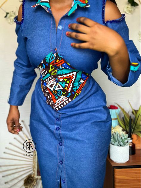 Denim And Ankara Dresses, Denim Dress Style, Jean Dresses, African Designs, Denim Jean Dress, Ankara Dresses, Ankara Style, Denim Shirt Dress, Shirt Dresses