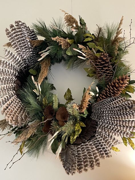 Turkey Feather Display, Hunting Party Decorations, Pheasant Feather Decor, Deer Antler Wreath, Cowboy Wreath, Feather Arrangements, Bird Decorations, Antler Wreath, Cowboys Wreath