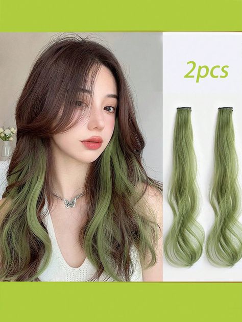 2pcs Women's Seamless & Realistic Synthetic Hair Extensions With Green Ombre Color, Can Be Cut To Desired Length HalloweenI discovered amazing products on SHEIN.com, come check them out! Bangs Dark Brown Hair, Dark Green Wig, Parted Bangs, Colored Hair Extensions, Small Hair Clips, Green Wig, Side Bangs, Synthetic Hair Extensions, Green Ombre