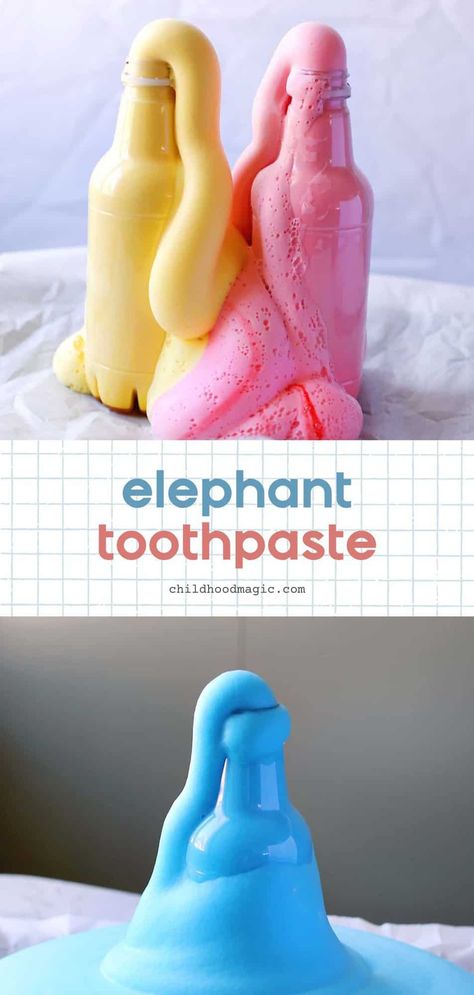 Elephant Toothpaste - Childhood Magic Elephant Toothpaste Recipe, Bouncy Egg Experiment, Elephant Toothpaste Experiment, Skittles Experiment, Elephant Toothpaste, Toothpaste Recipe, Science Experiment For Kids, Experiment For Kids, Science Experiments For Preschoolers