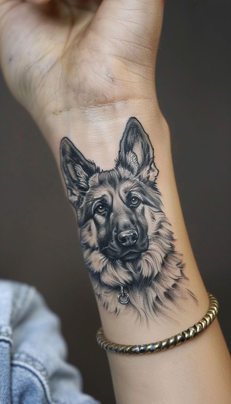 Dog Collar Tattoo, German Shepherd Tattoo, Shepherd Tattoo, Tattoo Main, Dog Portrait Tattoo, Pitbull Tattoo, Dog Memorial Tattoos, Dog Paw Tattoo, Biker Tattoos