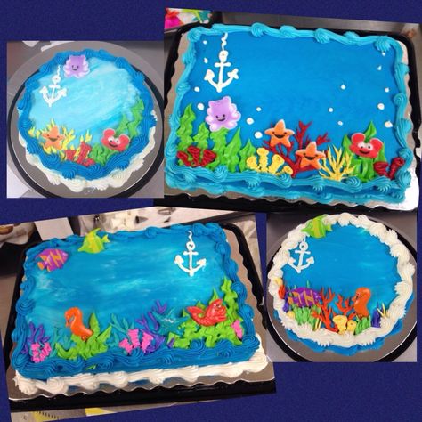 Undersea Birthday Cake, Ocean Theme Sheet Cake, Underwater Cake Ideas, Baby Shark Sheet Cake, Underwater Theme Cake, Kehlani Birthday, Underwater Cakes, Seahorse Party, Shark Cakes