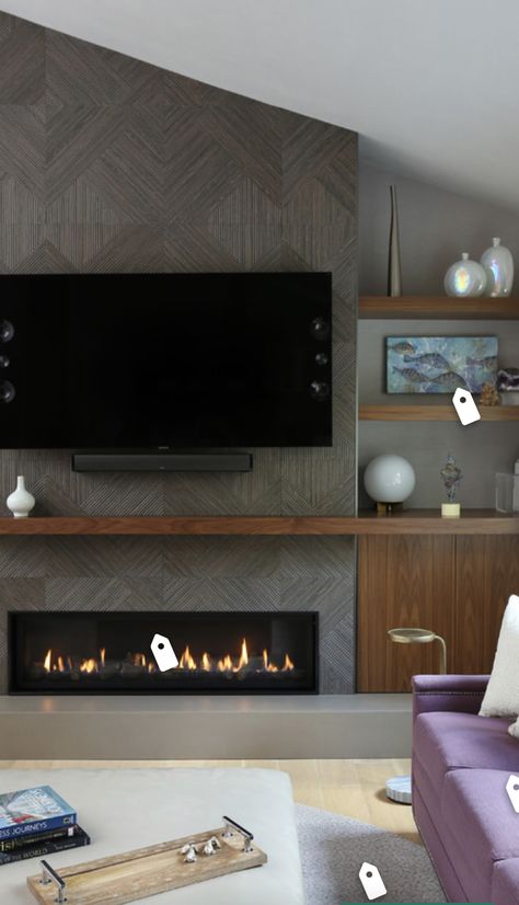 Midcentury Modern Fireplace With Tv, Fireplace Low Built Ins, Fireplace With Low Mantle, Long Electric Fireplace Ideas With Tv, Built In Living Room Cabinets With Tv And Fireplace, Tv Fireplace Wall Ideas Built Ins Modern, Gas Fireplace Tv Wall Built Ins, Fireplace On Slanted Wall, Horizontal Fireplace With Tv Above