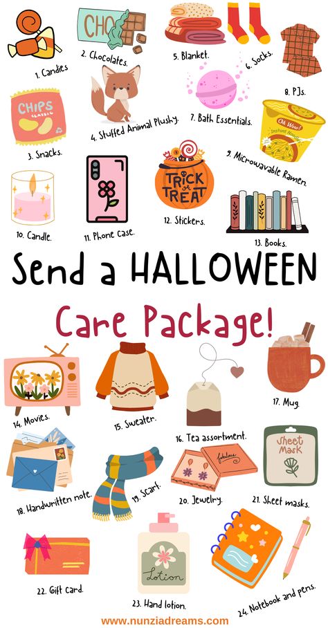 Halloween Care Package Ideas Mailing Packages Ideas, Spooky Care Package, Halloween Scare Package, Boo Bags For Adults, College Halloween Care Package, Autumn Care Package, Halloween Gift Box Care Packages, October Gift Ideas, Adult Halloween Goodie Bags