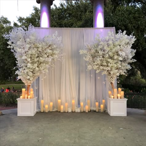 Our white cherry blossom trees with pipe and drape and a beautiful candle surround Cherry Blossom Wedding Backdrop, Cherry Blossom Wedding Ceremony, Cherry Blossom Wedding Alter, White Cherry Blossom Tree Wedding, White Cherry Blossom Wedding Decor, Cherry Blossom Trees Wedding, White Cherry Blossom Wedding, Cherry Blossom Backdrop, Cherry Blossom Wedding Decor