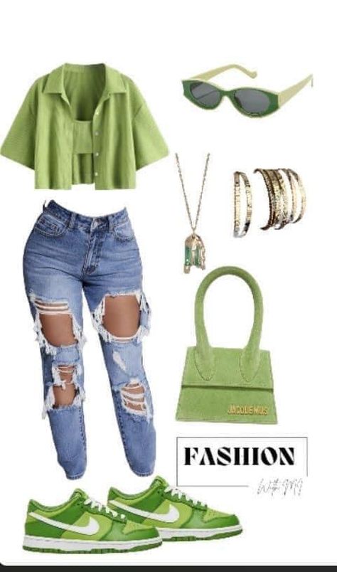 Team Colors Outfits, Thick Outfits For Women, Cute Swag Outfits Summer, Green Outfits Black Women, Graduation Attendee Outfit, Green Dunks Outfit, Outfit Idea Black Women, Women Dunks, Outfit Ideas Green